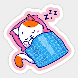 Cute Cat Sleeping With Pillow And Blanket Cartoon Sticker